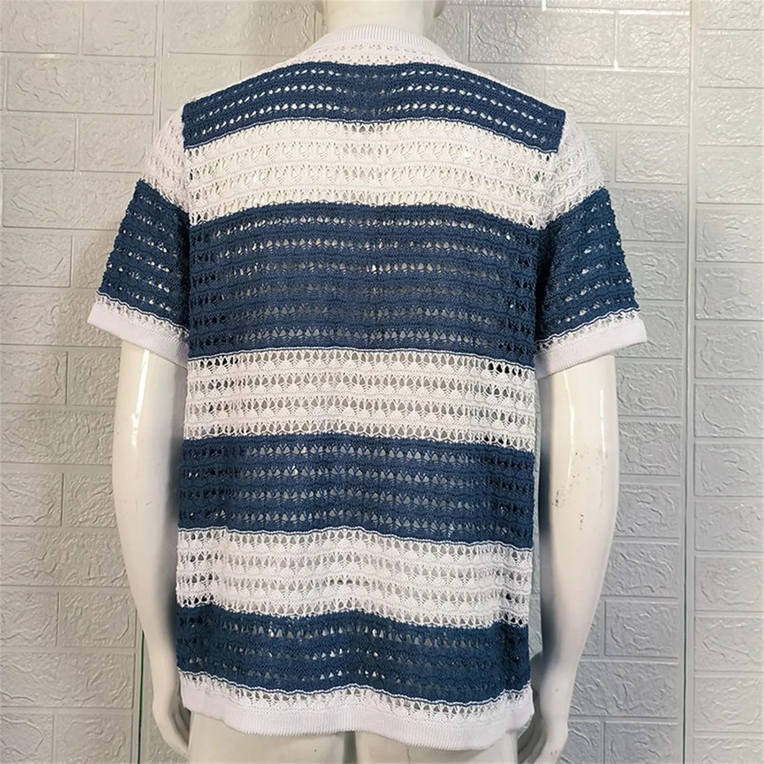 Knitted Button Down Shirt for Men Hollow Out Short Sleeve Lapel Collar Vintage Polo Shirts Summer Casual Beach Tops