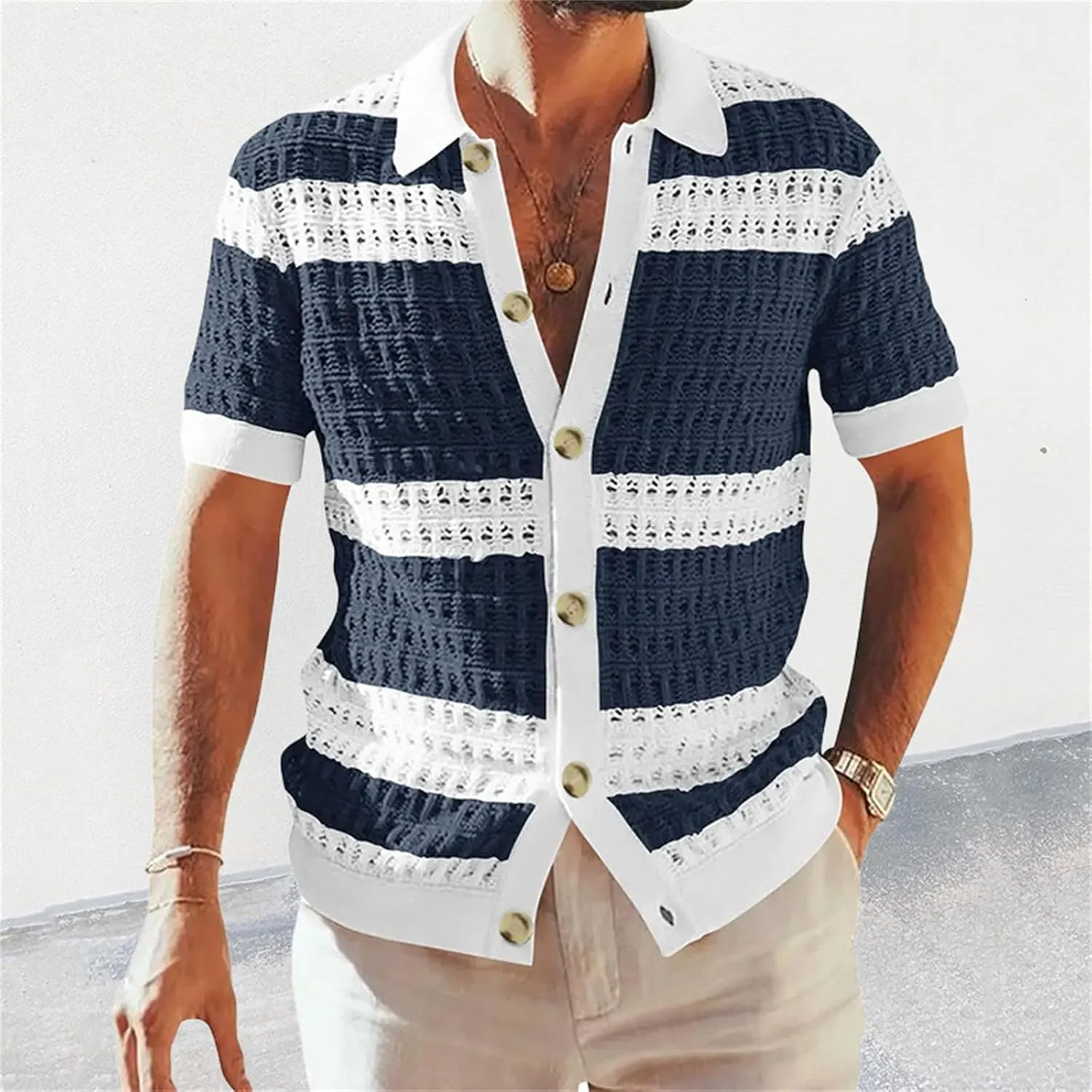 Knitted Button Down Shirt for Men Hollow Out Short Sleeve Lapel Collar Vintage Polo Shirts Summer Casual Beach Tops