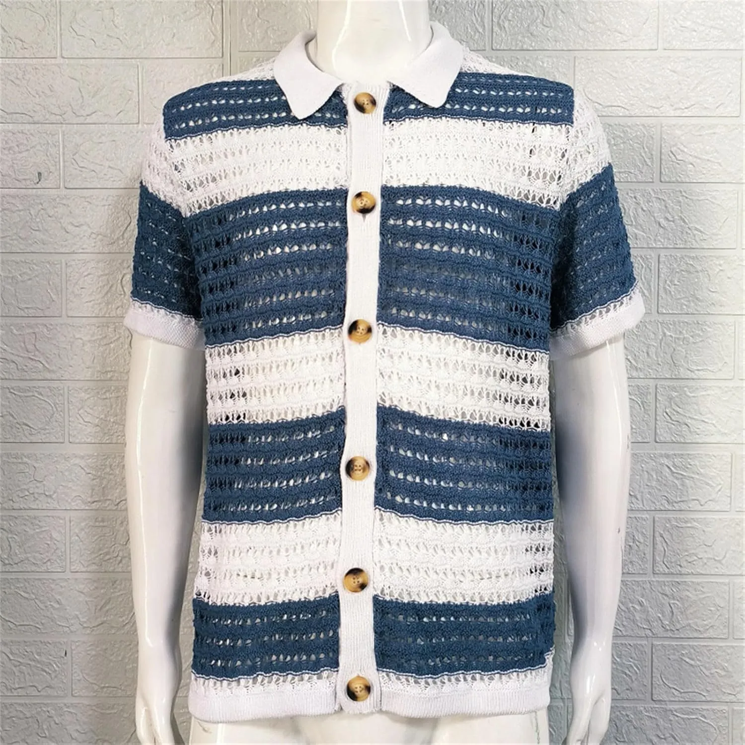 Knitted Button Down Shirt for Men Hollow Out Short Sleeve Lapel Collar Vintage Polo Shirts Summer Casual Beach Tops