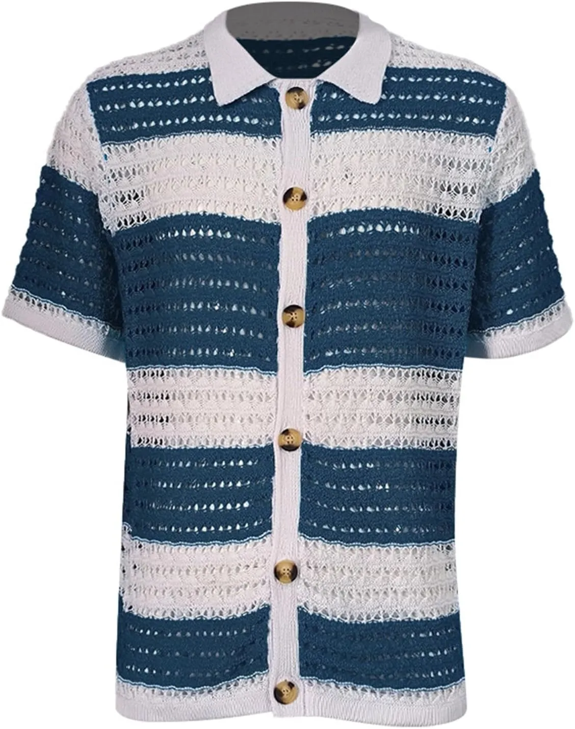 Knitted Button Down Shirt for Men Hollow Out Short Sleeve Lapel Collar Vintage Polo Shirts Summer Casual Beach Tops