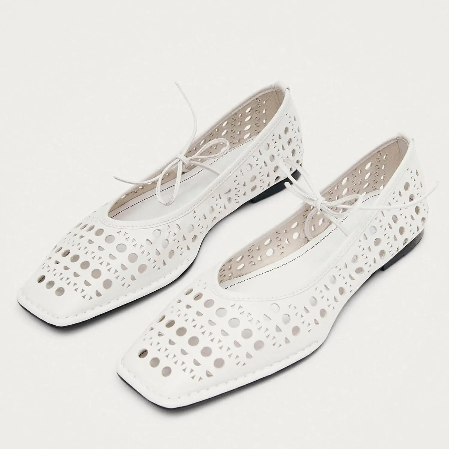 Lace Up Ballet Flats for Women Bow Square Toe Mary Jane Flats Slip On Leather Ballerina Shoes