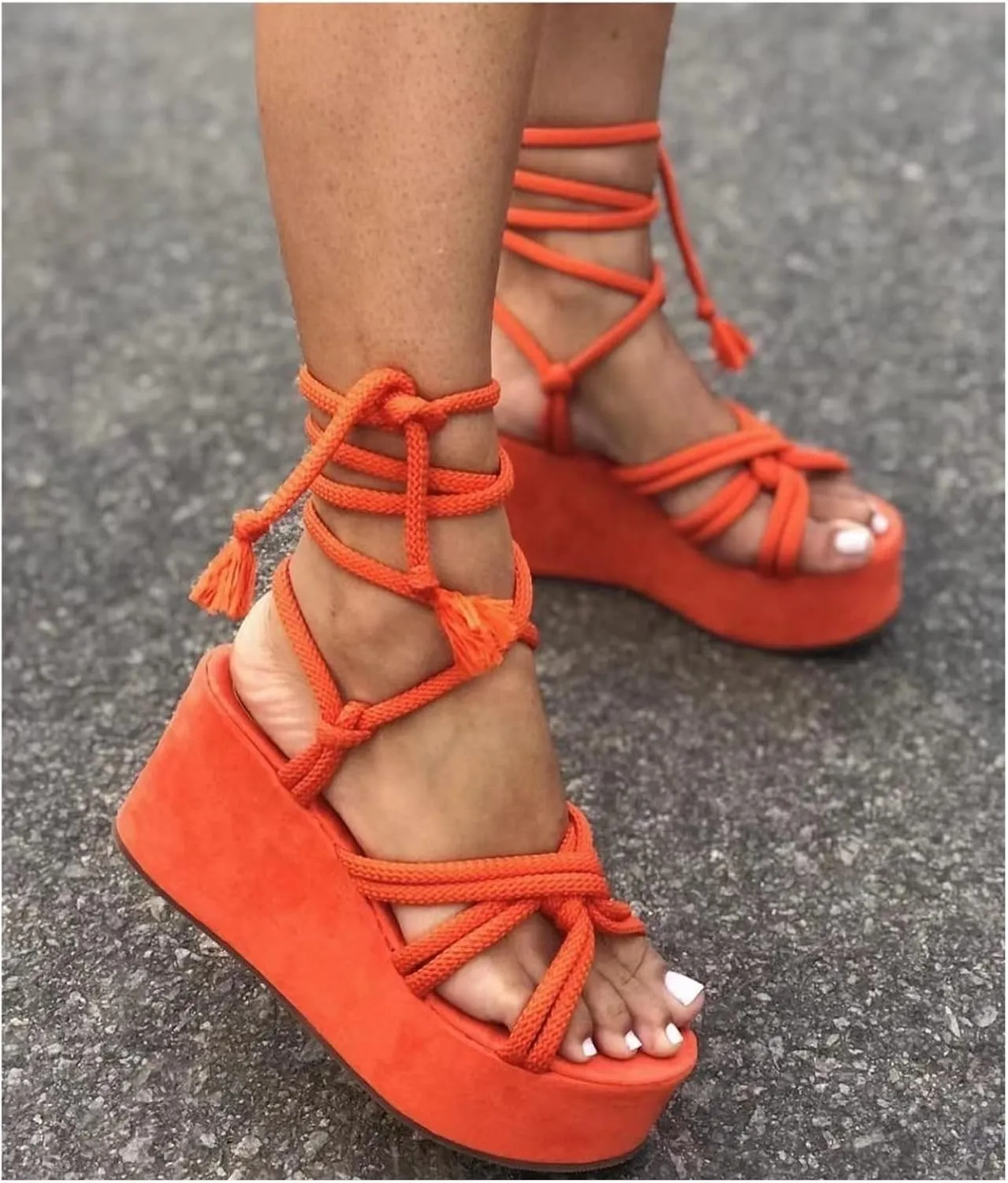 Ladies Sandals- Dresses Platform Sandals for Women, Fashion Tie Rope Camouflage Ankle Strap Summer Open Toe Beach Roman Shoes, Green, Black, Orange