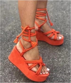 Ladies Sandals- Dresses Platform Sandals for Women, Fashion Tie Rope Camouflage Ankle Strap Summer Open Toe Beach Roman Shoes, Green, Black, Orange