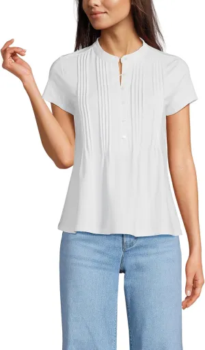 Lands' End Women's Short Sleeve Lightweight Jersey Button Pintuck Top