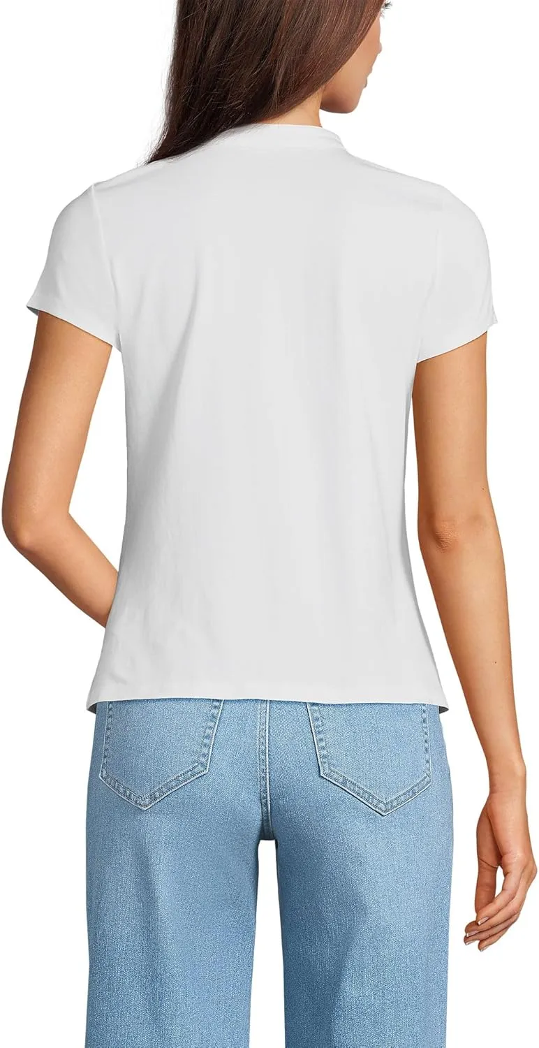 Lands' End Women's Short Sleeve Lightweight Jersey Button Pintuck Top