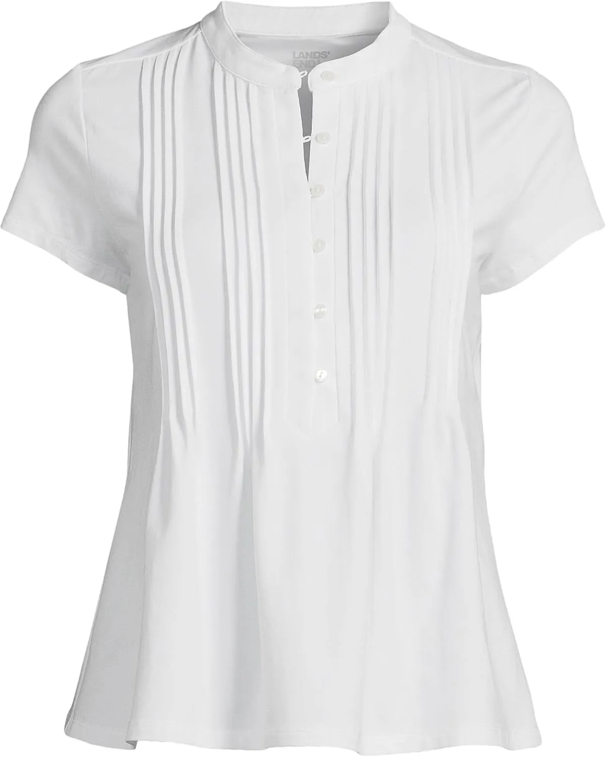 Lands' End Women's Short Sleeve Lightweight Jersey Button Pintuck Top