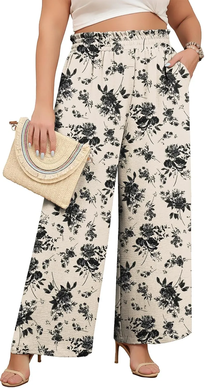 Lastshe Women's Plus Size Wide Leg Pants Elastic Waist Hide Drawstring Loose Work Pants Palazzo Trousers with Pockets