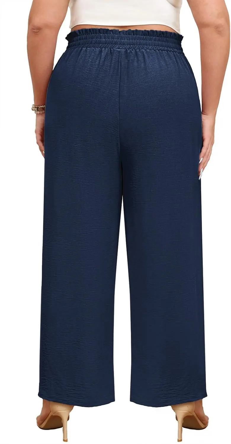 Lastshe Women's Plus Size Wide Leg Pants Elastic Waist Hide Drawstring Loose Work Pants Palazzo Trousers with Pockets