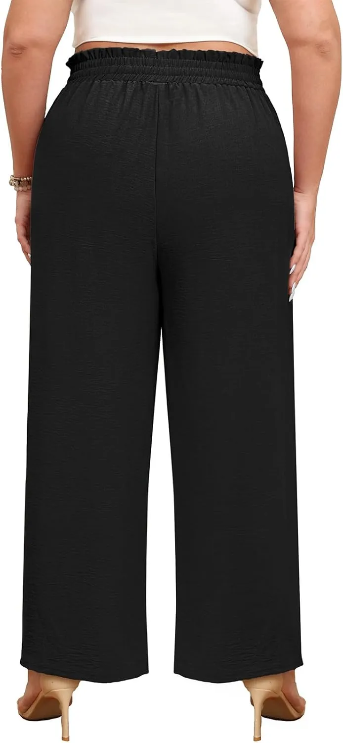 Lastshe Women's Plus Size Wide Leg Pants Elastic Waist Hide Drawstring Loose Work Pants Palazzo Trousers with Pockets