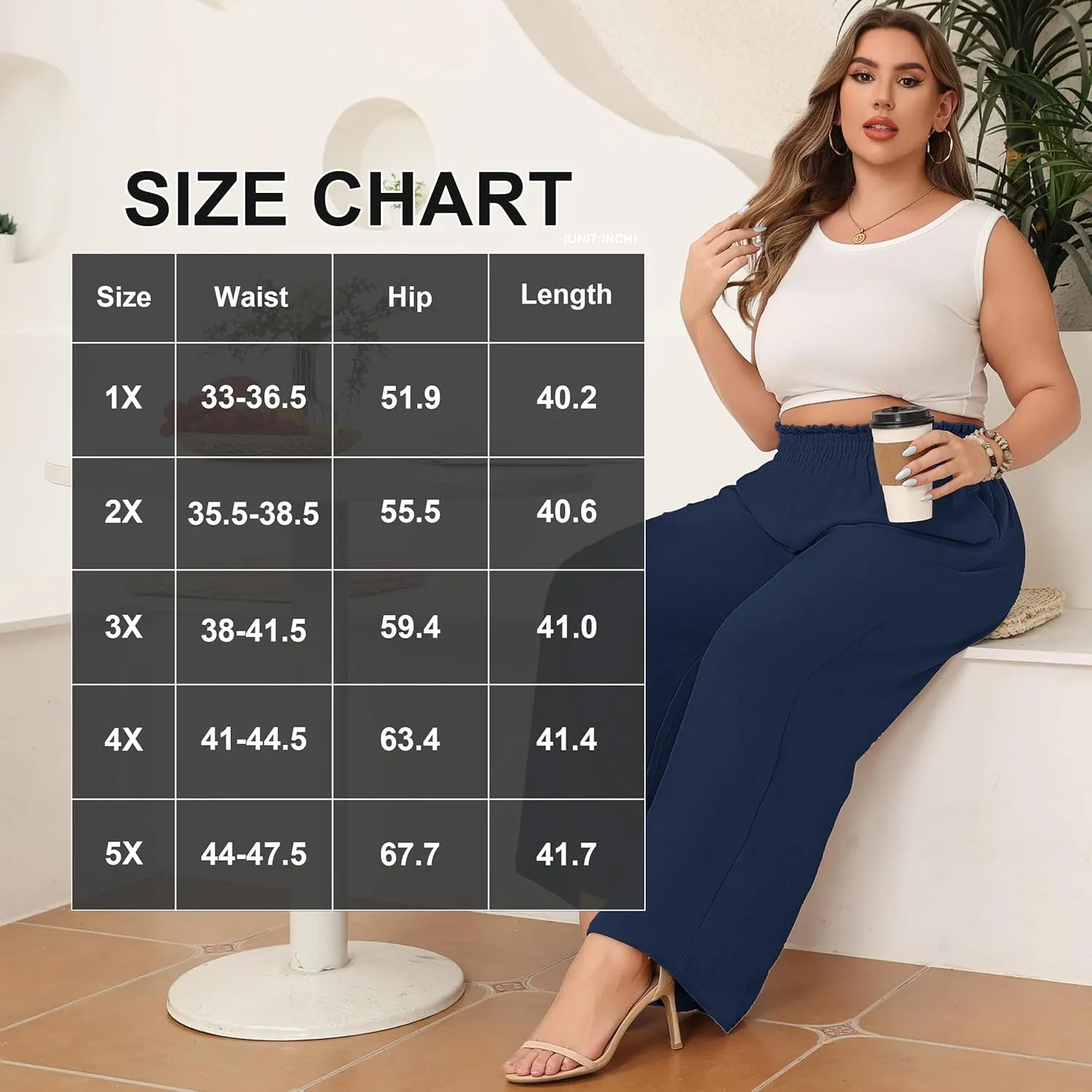 Lastshe Women's Plus Size Wide Leg Pants Elastic Waist Hide Drawstring Loose Work Pants Palazzo Trousers with Pockets
