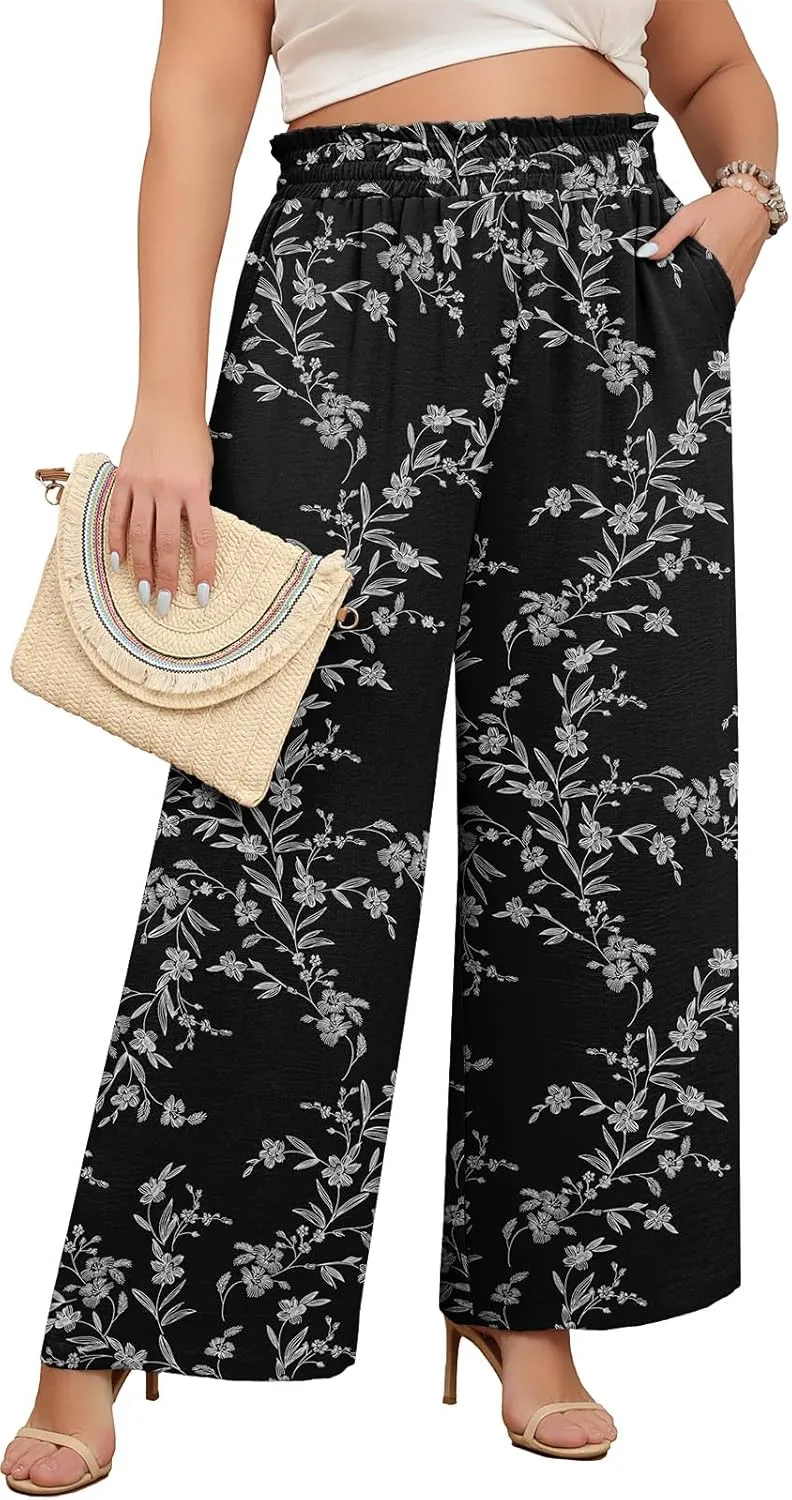 Lastshe Women's Plus Size Wide Leg Pants Elastic Waist Hide Drawstring Loose Work Pants Palazzo Trousers with Pockets