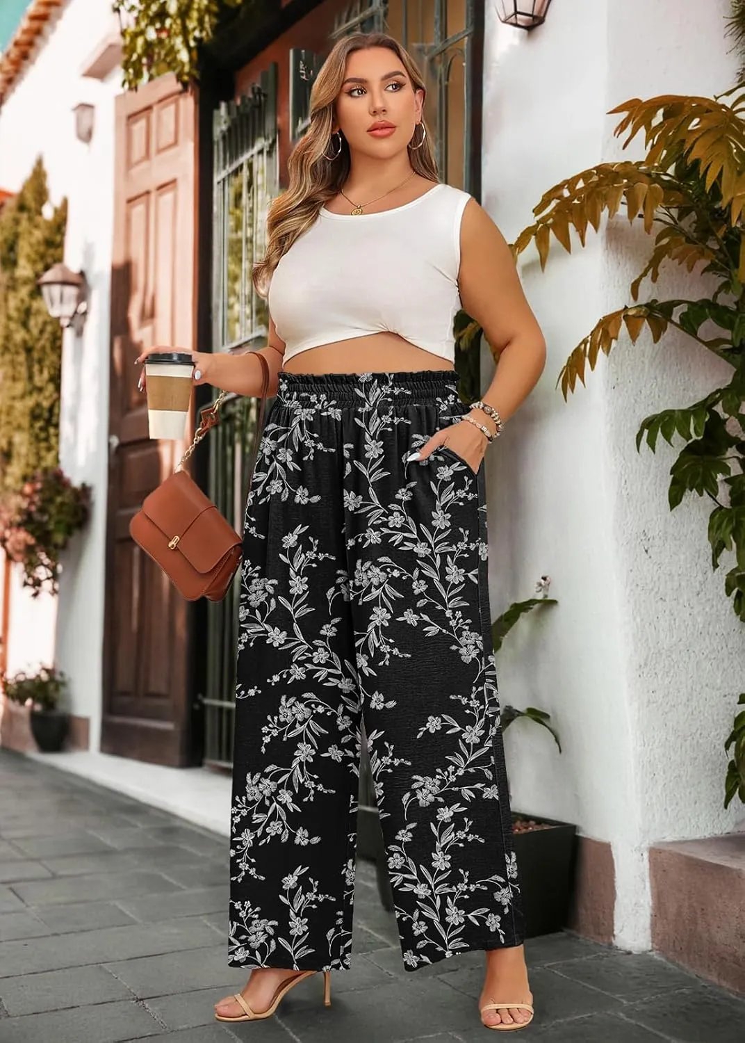 Lastshe Women's Plus Size Wide Leg Pants Elastic Waist Hide Drawstring Loose Work Pants Palazzo Trousers with Pockets