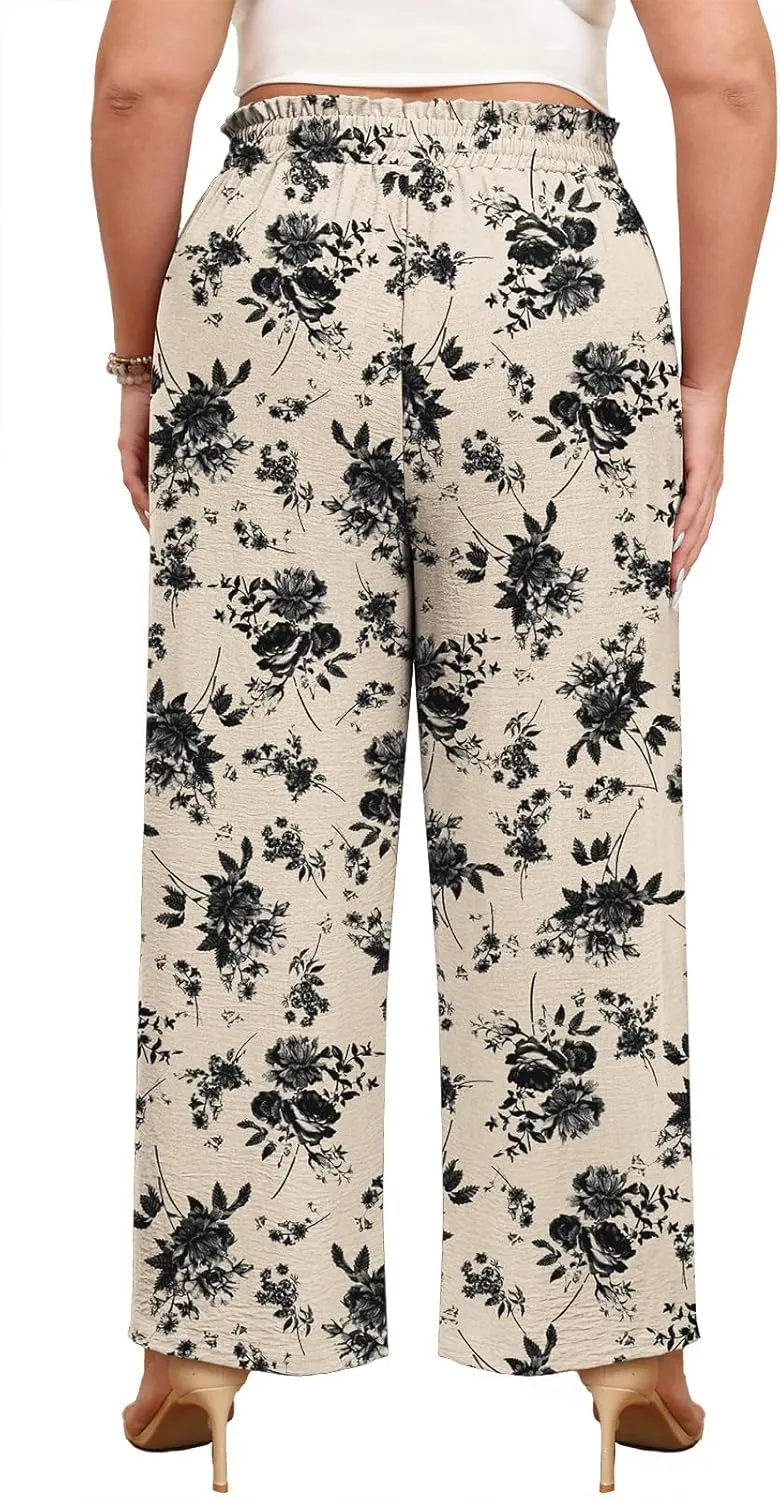 Lastshe Women's Plus Size Wide Leg Pants Elastic Waist Hide Drawstring Loose Work Pants Palazzo Trousers with Pockets