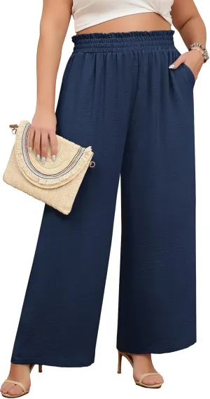 Lastshe Women's Plus Size Wide Leg Pants Elastic Waist Hide Drawstring Loose Work Pants Palazzo Trousers with Pockets