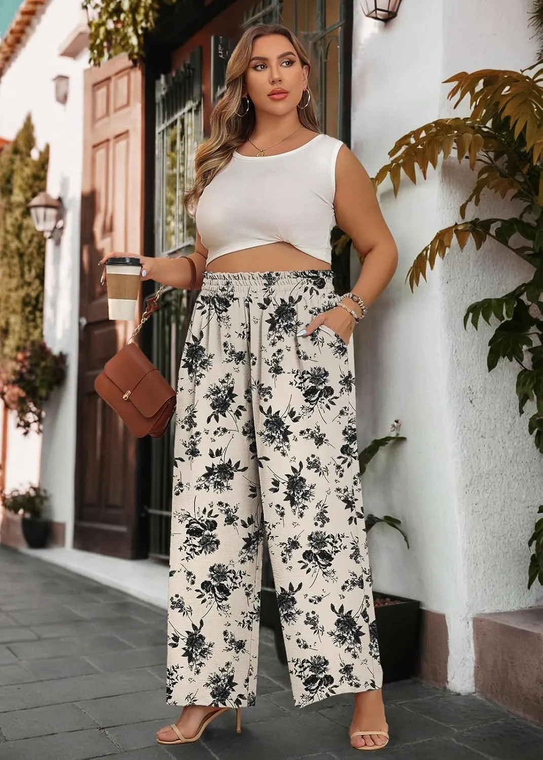 Lastshe Women's Plus Size Wide Leg Pants Elastic Waist Hide Drawstring Loose Work Pants Palazzo Trousers with Pockets