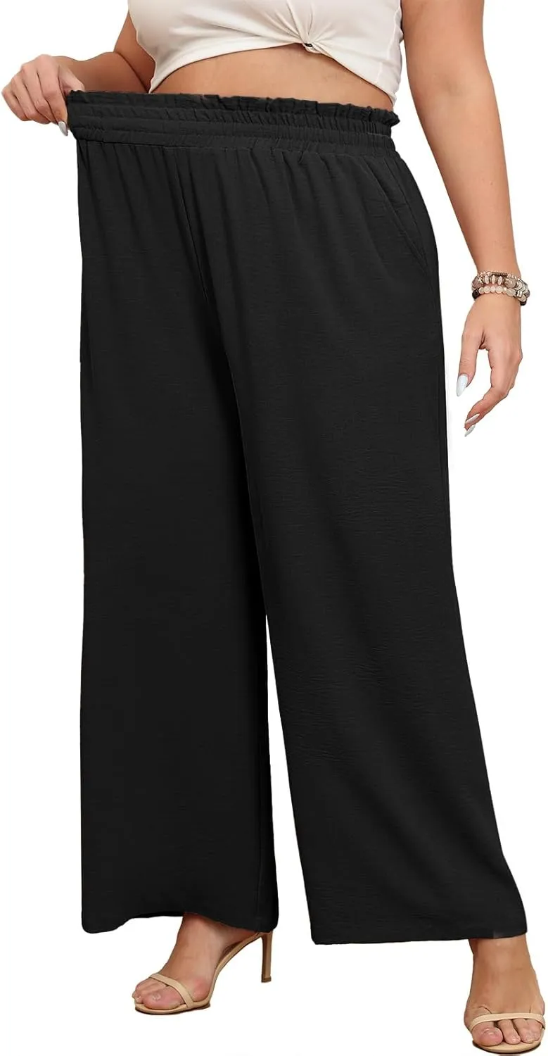 Lastshe Women's Plus Size Wide Leg Pants Elastic Waist Hide Drawstring Loose Work Pants Palazzo Trousers with Pockets