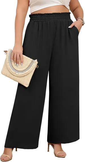 Lastshe Women's Plus Size Wide Leg Pants Elastic Waist Hide Drawstring Loose Work Pants Palazzo Trousers with Pockets