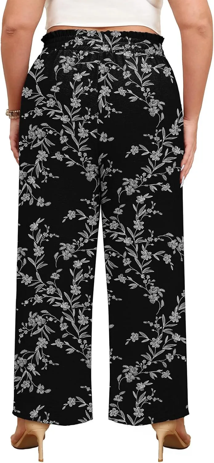 Lastshe Women's Plus Size Wide Leg Pants Elastic Waist Hide Drawstring Loose Work Pants Palazzo Trousers with Pockets