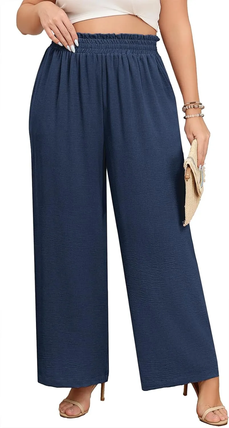 Lastshe Women's Plus Size Wide Leg Pants Elastic Waist Hide Drawstring Loose Work Pants Palazzo Trousers with Pockets