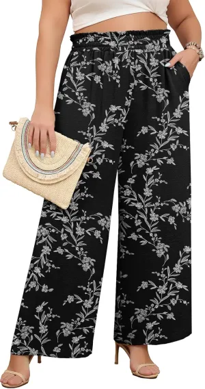 Lastshe Women's Plus Size Wide Leg Pants Elastic Waist Hide Drawstring Loose Work Pants Palazzo Trousers with Pockets