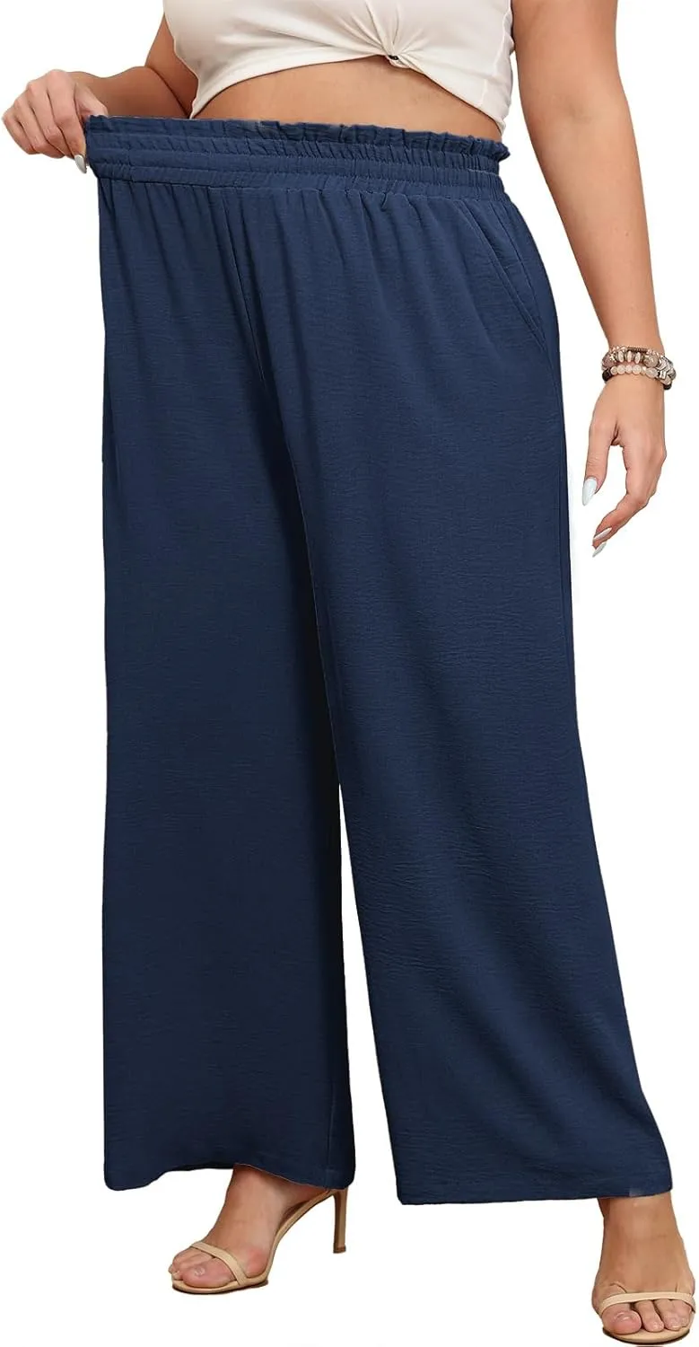 Lastshe Women's Plus Size Wide Leg Pants Elastic Waist Hide Drawstring Loose Work Pants Palazzo Trousers with Pockets