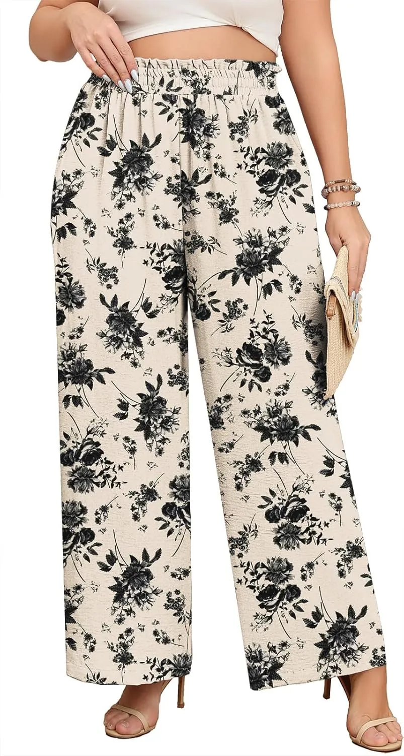 Lastshe Women's Plus Size Wide Leg Pants Elastic Waist Hide Drawstring Loose Work Pants Palazzo Trousers with Pockets