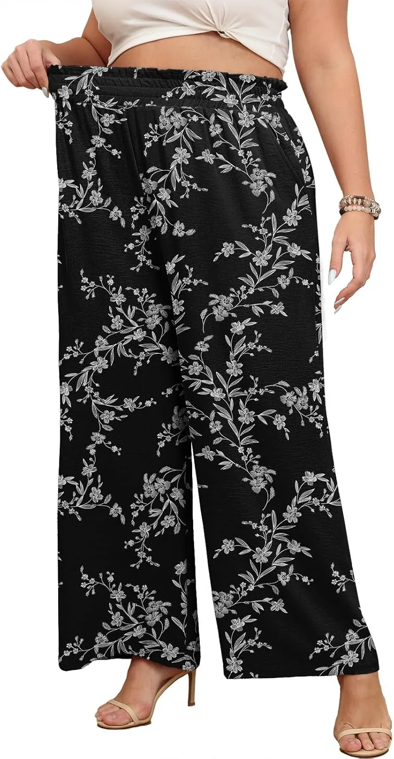 Lastshe Women's Plus Size Wide Leg Pants Elastic Waist Hide Drawstring Loose Work Pants Palazzo Trousers with Pockets