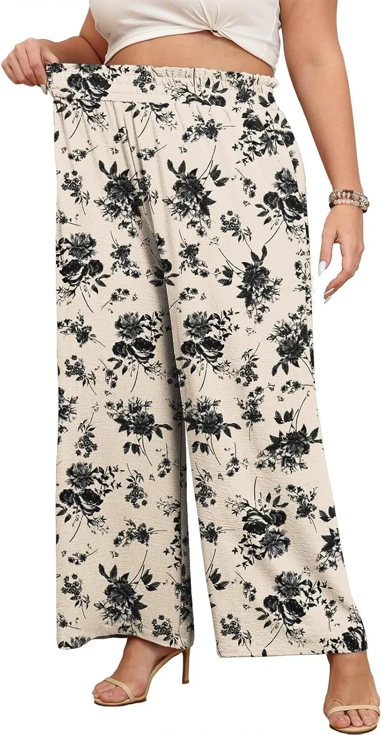 Lastshe Women's Plus Size Wide Leg Pants Elastic Waist Hide Drawstring Loose Work Pants Palazzo Trousers with Pockets