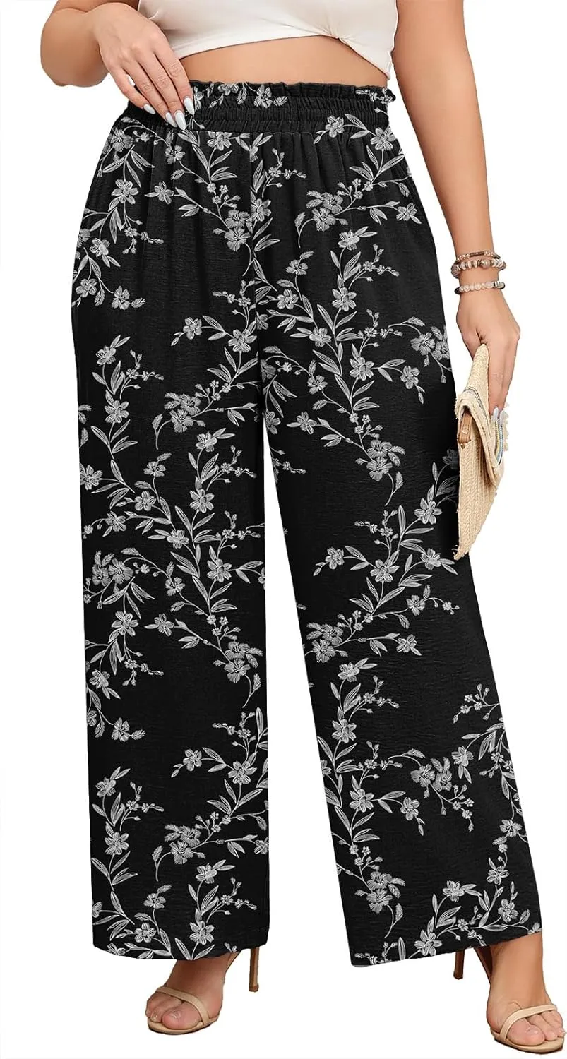 Lastshe Women's Plus Size Wide Leg Pants Elastic Waist Hide Drawstring Loose Work Pants Palazzo Trousers with Pockets
