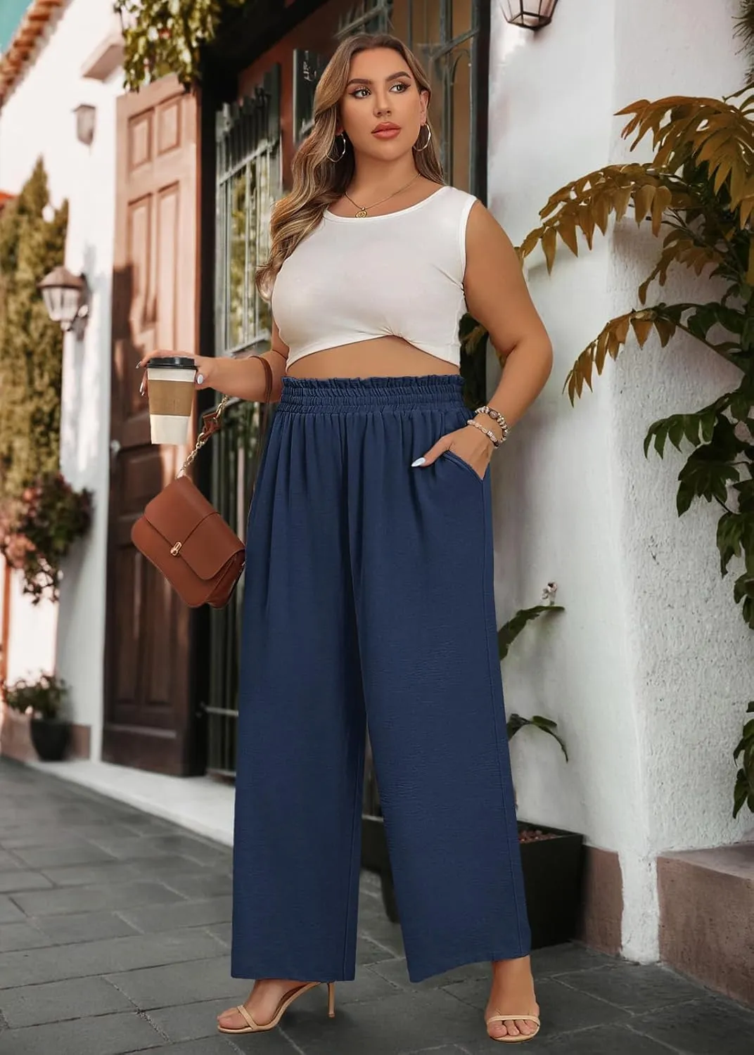 Lastshe Women's Plus Size Wide Leg Pants Elastic Waist Hide Drawstring Loose Work Pants Palazzo Trousers with Pockets