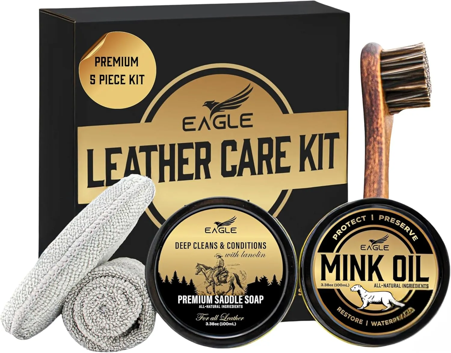 Leather Boot Care Kit – Mink Oil, Saddle Soap for Leather, Applicators & Cloth – Leather Care Kit, Boot Leather Care Kit, Leather Shoe Care Kit for Cowboy Boots, Work Boots, Shoes, and Tack