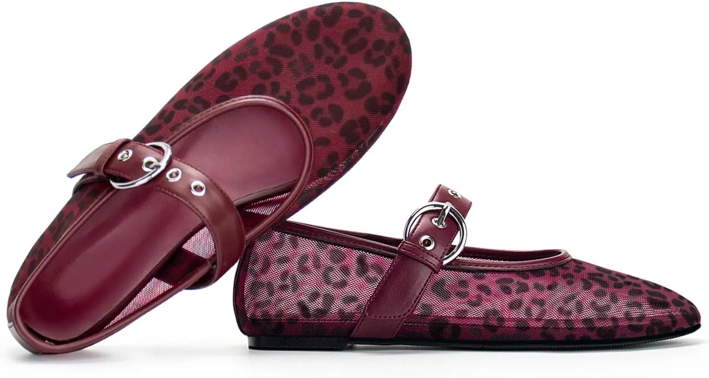 Leopard Flats for Women Mesh Flats Ballet Flats Mary Jane Flats Women's Dress Shoes Ballet Shoes