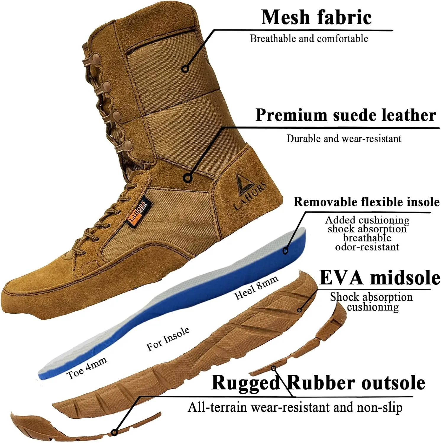 Lightweight Mens Tactical Shoes Combat Boots Coyote Brown Boots Military Training Lace Up Outdoor Hiking Breathable Army Shoe Side Zipper