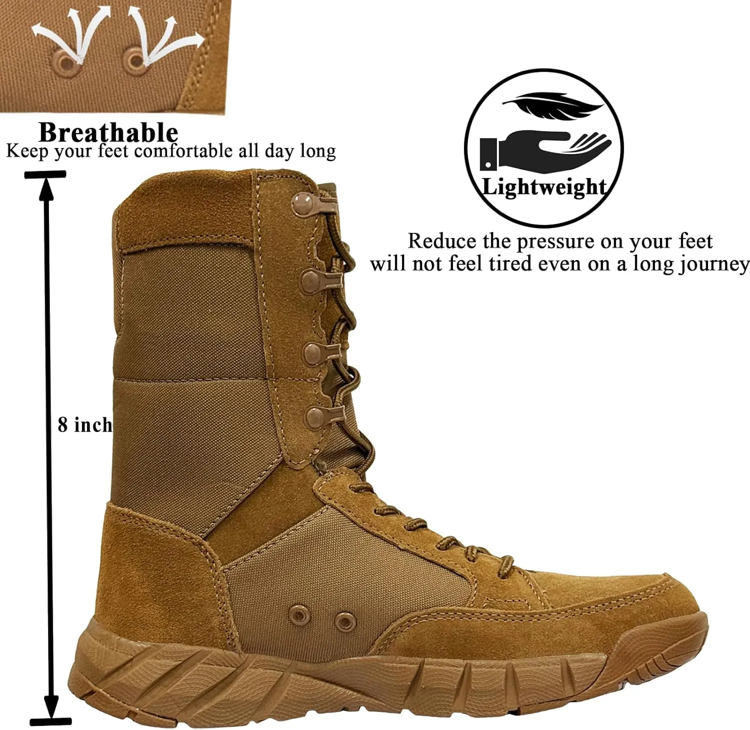 Lightweight Mens Tactical Shoes Combat Boots Coyote Brown Boots Military Training Lace Up Outdoor Hiking Breathable Army Shoe Side Zipper