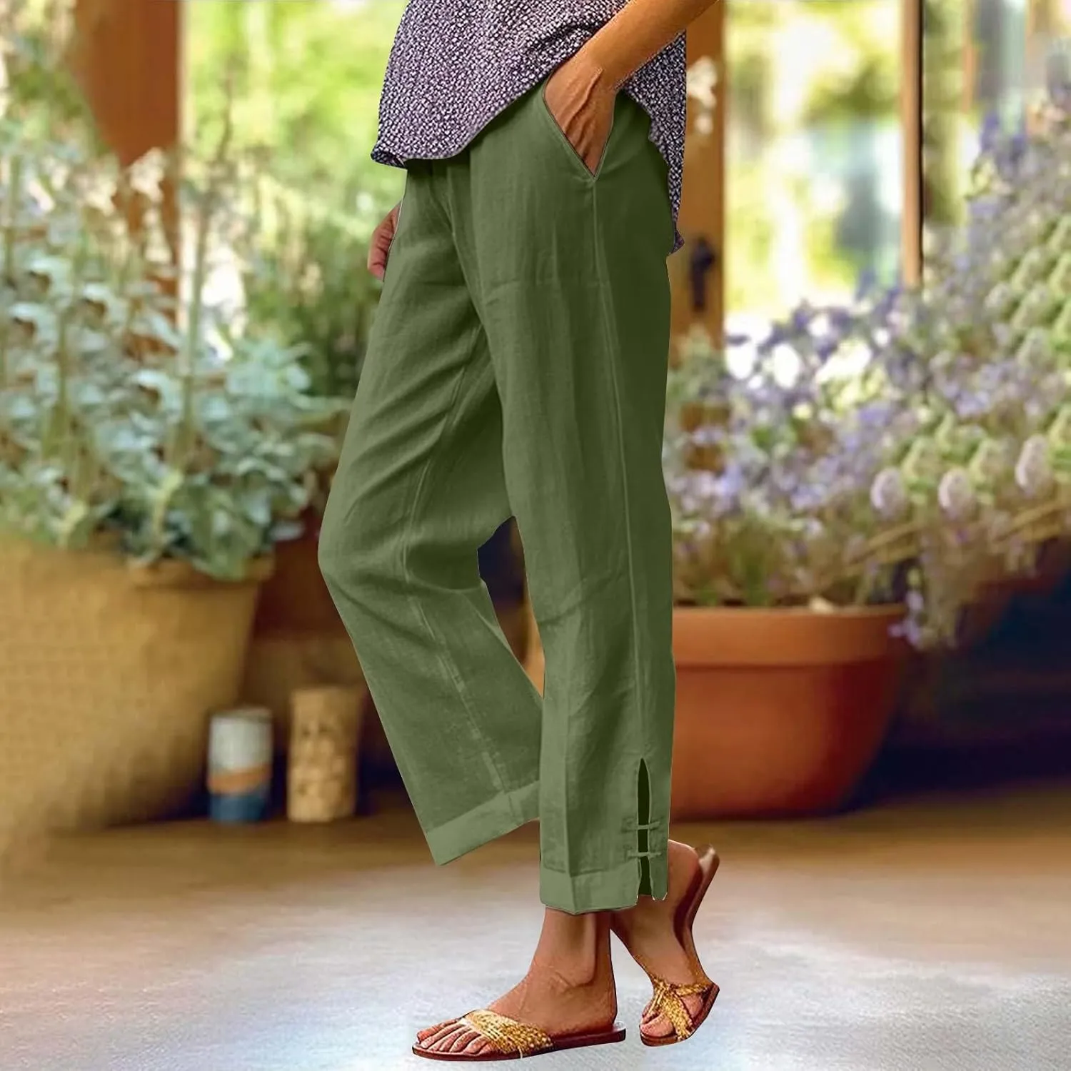 Linen Pants for Women 2025 Summer Waist Elastic Straight Leg Lounge Boho Pant Casual Loose Beach Trousers with Pockets