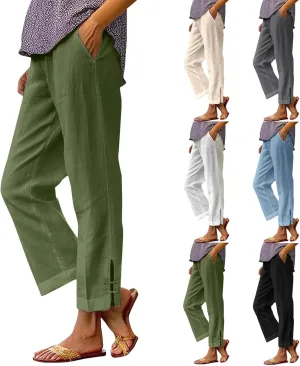 Linen Pants for Women 2025 Summer Waist Elastic Straight Leg Lounge Boho Pant Casual Loose Beach Trousers with Pockets