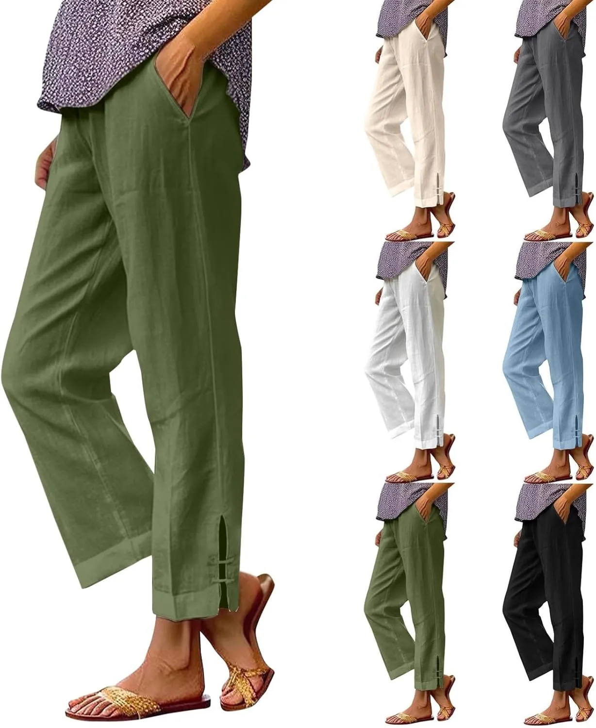 Linen Pants for Women 2025 Summer Waist Elastic Straight Leg Lounge Boho Pant Casual Loose Beach Trousers with Pockets