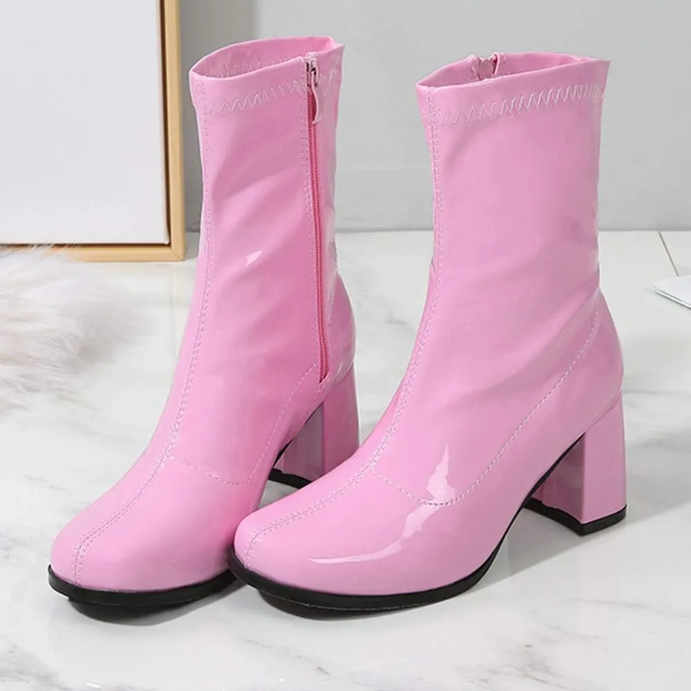 LIURUIJIA Women's Gogo Boots Mid Calf Block Heel Square Toe Zipper Boots Low Heel Short Booties