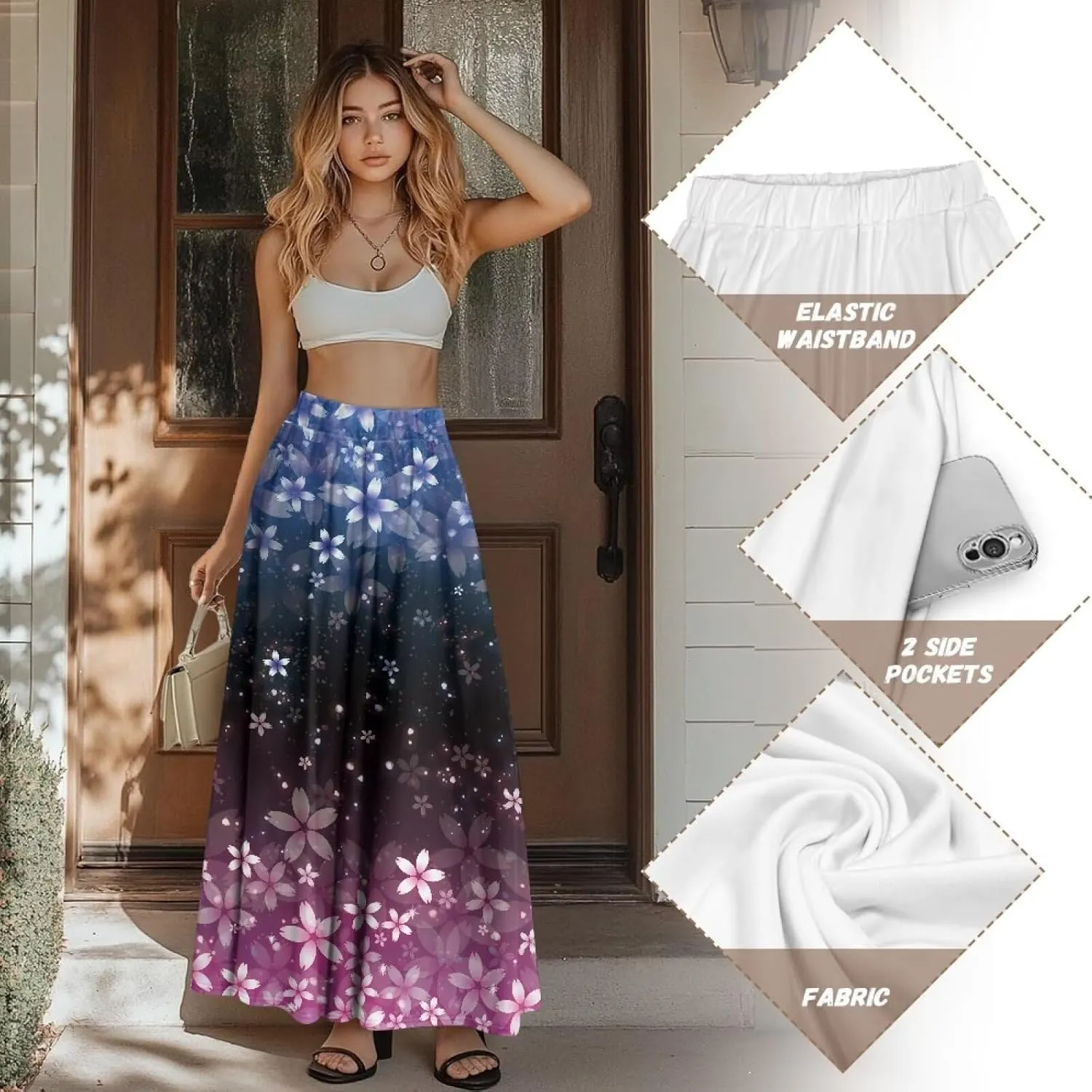 Long Skirt with Pockets for Women Summer High Waist A-line Swing Novelty Skirt Size S-2XL