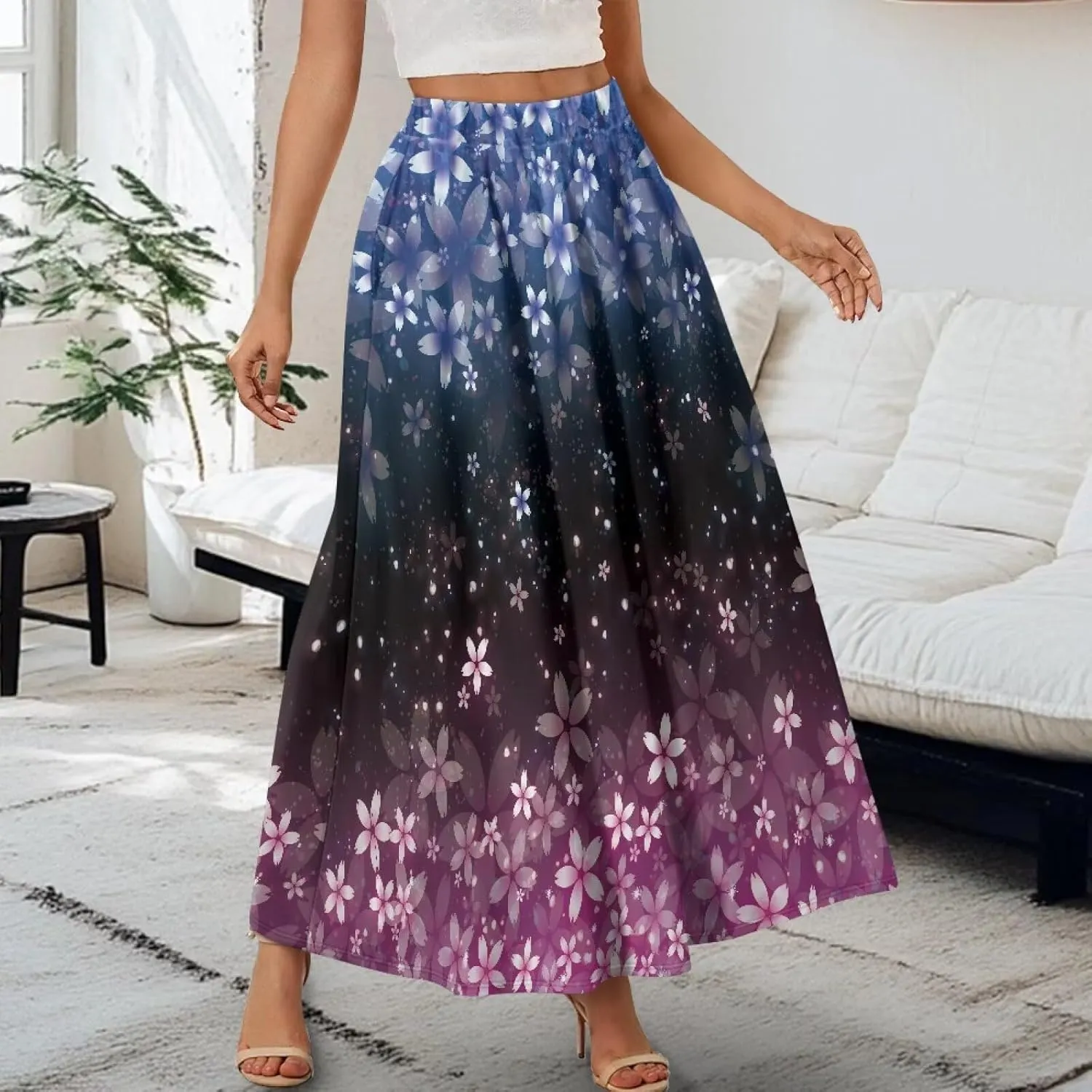 Long Skirt with Pockets for Women Summer High Waist A-line Swing Novelty Skirt Size S-2XL