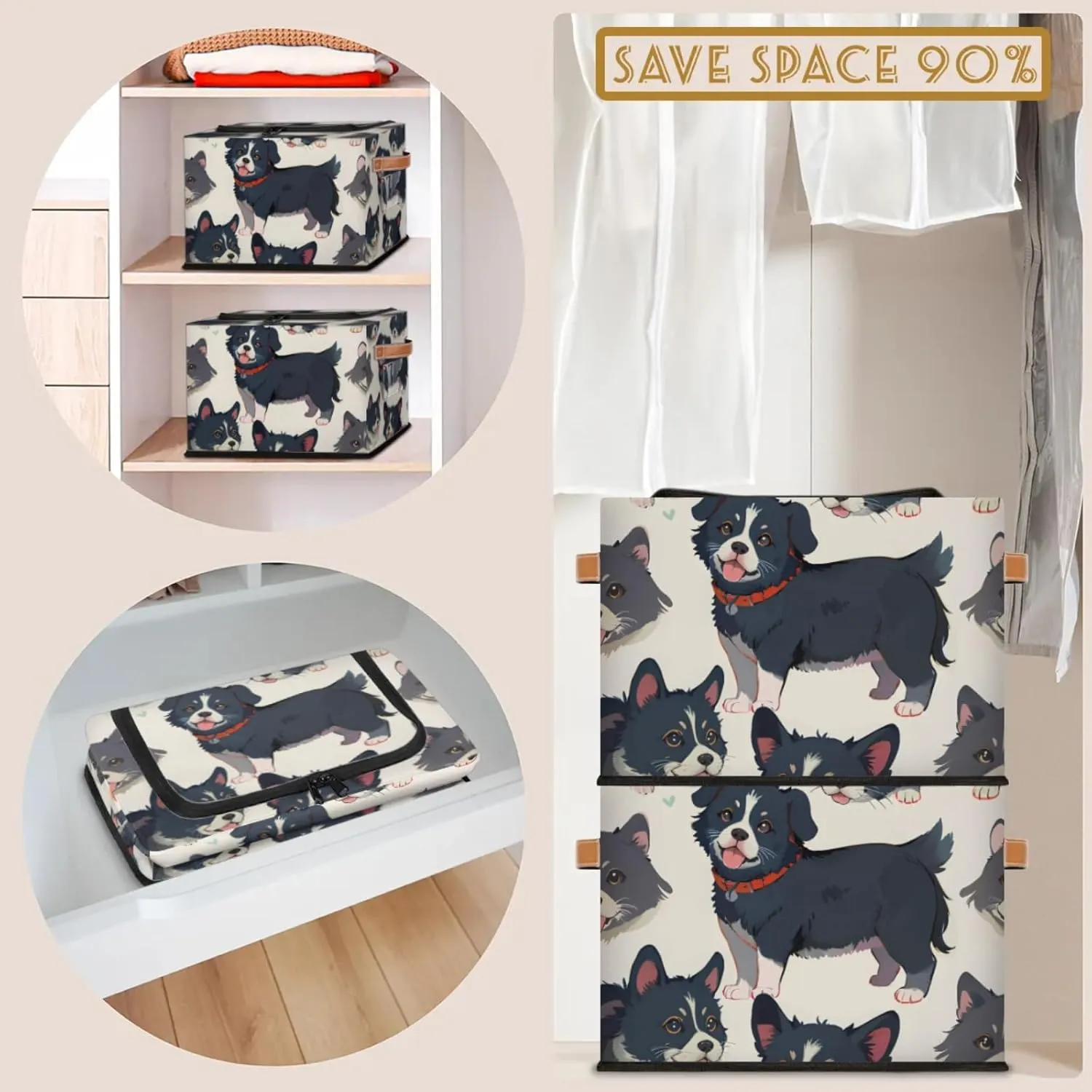 Loyal Dog Storage Bins with Zipper Lid Collapsible Storage Bags Closet Organizer Leather Handles Foldable Storage Baskets Boxes with Leather Handles for Nursery Bedroom Clothes Toy