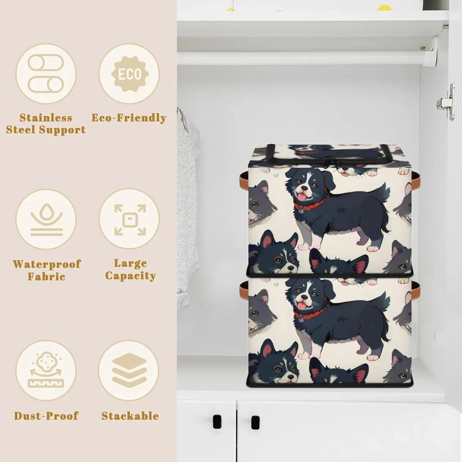 Loyal Dog Storage Bins with Zipper Lid Collapsible Storage Bags Closet Organizer Leather Handles Foldable Storage Baskets Boxes with Leather Handles for Nursery Bedroom Clothes Toy