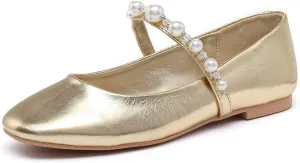 Lryweisy Ballet Flats Shoes for Women, Buckle Strap Flats Shoes, Pearl Mary Jane Flats for Women Sparkly Ballet Flats, Comfortable Square Toe Flats Soft Work Flats Retro Dress Casual Flats