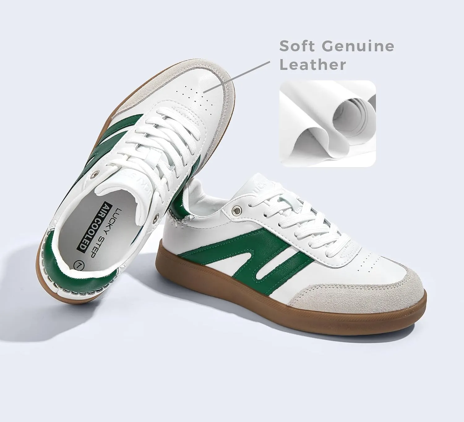 LUCKY STEP Women Classic Retro Gum Sole Fashion Sneakers Casual Tennis Skate Shoe Genuine Leather Walking Footwear Anti Slip Trainers
