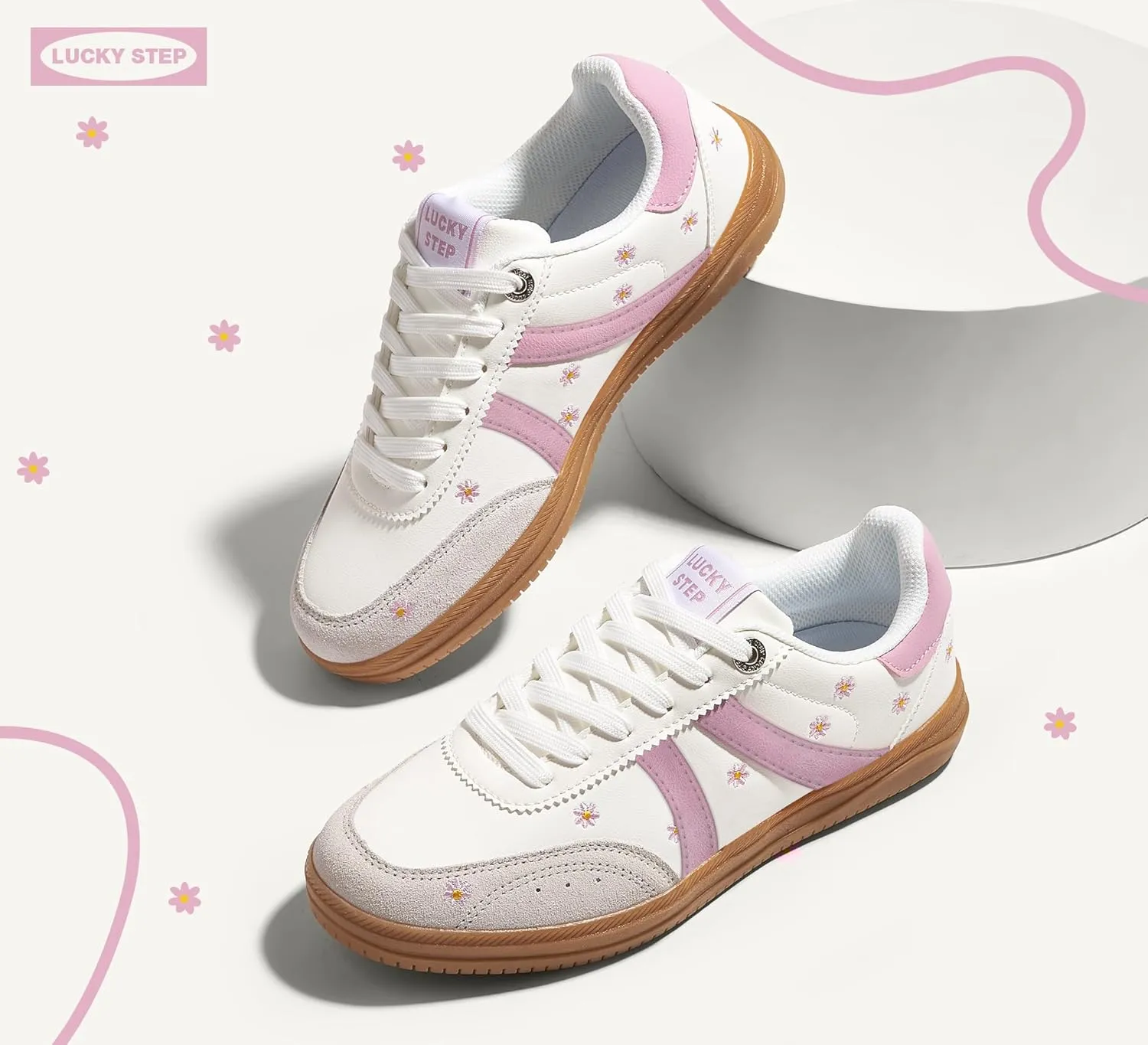 LUCKY STEP Women Classic Retro Tennis Sneakers Fashion Gum Sole Skate Casual Walking Shoe Anti Slip Floral Embroidery Comfortable Trainers