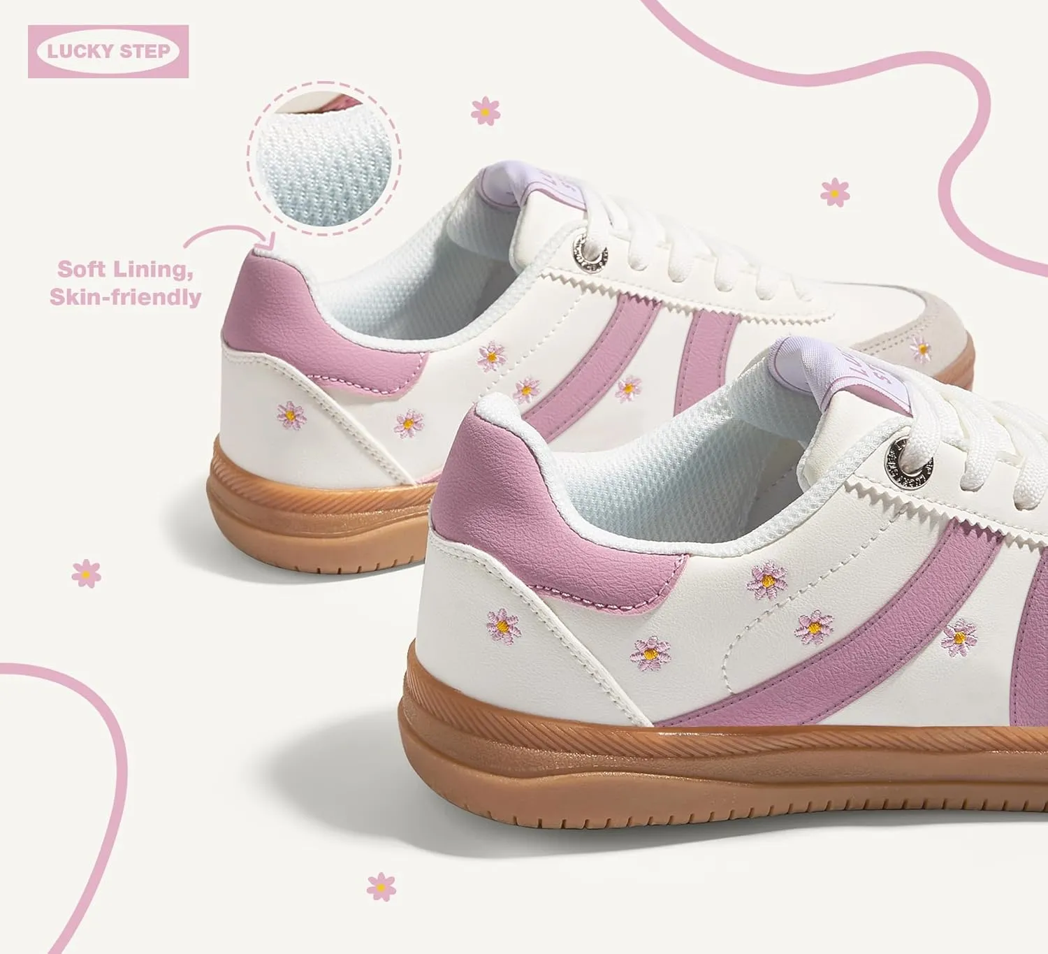 LUCKY STEP Women Classic Retro Tennis Sneakers Fashion Gum Sole Skate Casual Walking Shoe Anti Slip Floral Embroidery Comfortable Trainers