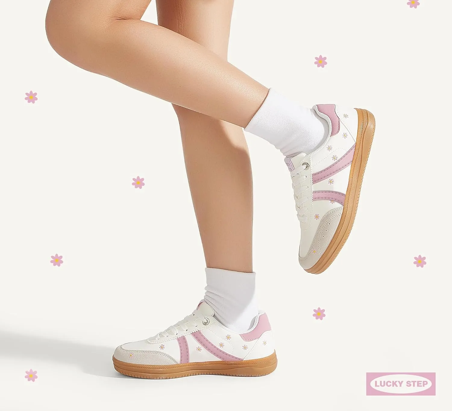 LUCKY STEP Women Classic Retro Tennis Sneakers Fashion Gum Sole Skate Casual Walking Shoe Anti Slip Floral Embroidery Comfortable Trainers