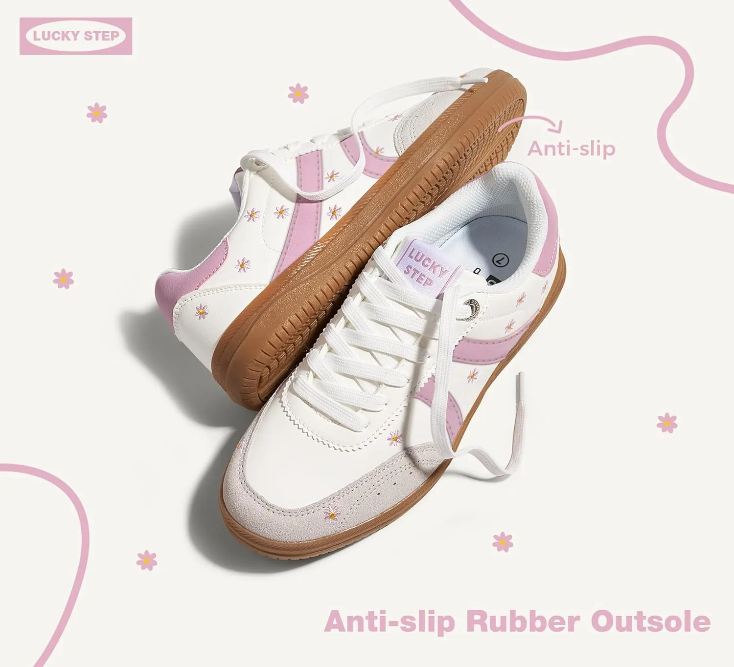 LUCKY STEP Women Classic Retro Tennis Sneakers Fashion Gum Sole Skate Casual Walking Shoe Anti Slip Floral Embroidery Comfortable Trainers