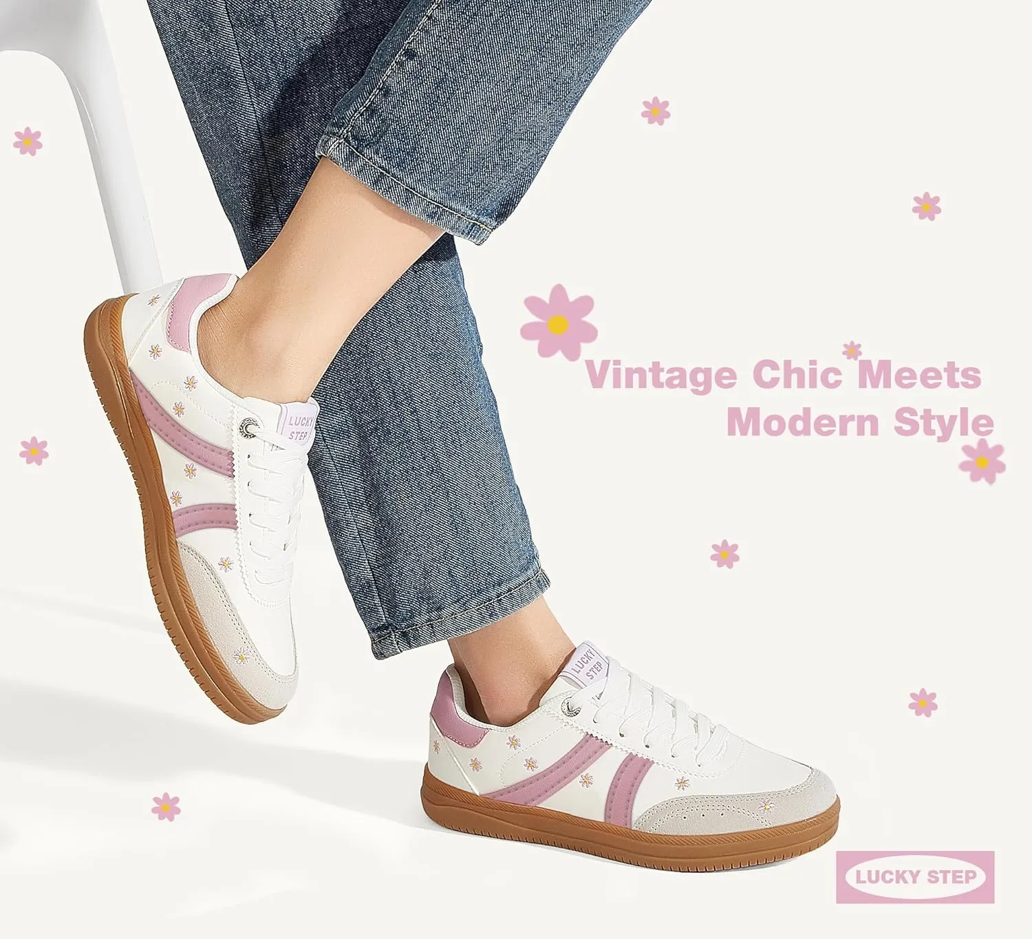 LUCKY STEP Women Classic Retro Tennis Sneakers Fashion Gum Sole Skate Casual Walking Shoe Anti Slip Floral Embroidery Comfortable Trainers