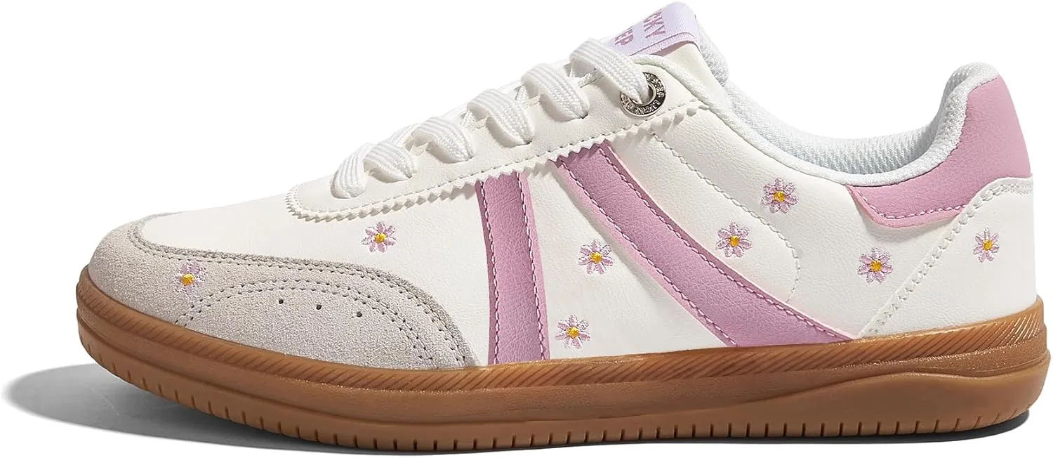 LUCKY STEP Women Classic Retro Tennis Sneakers Fashion Gum Sole Skate Casual Walking Shoe Anti Slip Floral Embroidery Comfortable Trainers